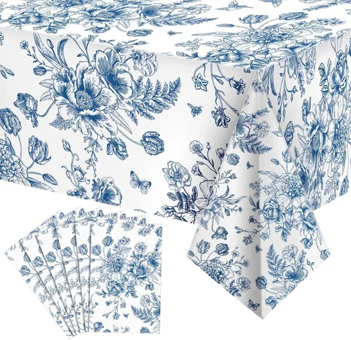 Miniatura 10 de Tiamon 1 mantel de plástico floral azul de 54 x 108 pulgadas, mantel rectangular vintage desechable con flores azules azul marino y blanco