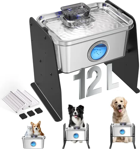 Miniatura 9 de Fuente de agua para perros de 12 litros, fuente de agua de acero inoxidable para perros grandes, gatos, hogar múltiple, fuente silenciosa