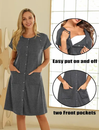Miniatura 3 de Ekouaer Vestido de enfermería 3 en 1 para el partopartohospital, camisón de maternidad para lactancia materna con botón S-XXL