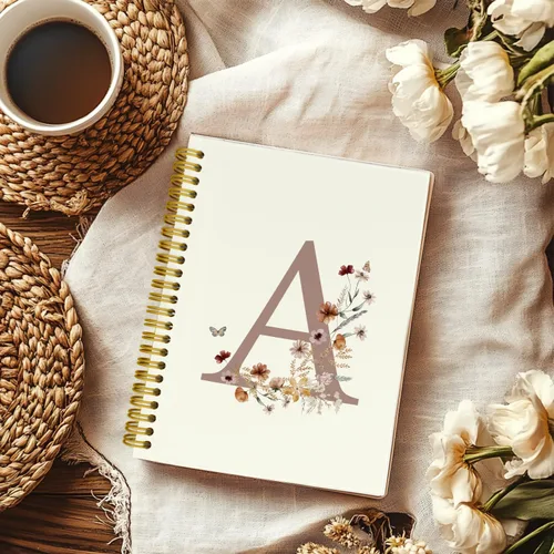 Miniatura 2 de Cuadernos de diario personalizados con letra inicial floral A, cuadernos vintage femeninos de tapa dura en espiral para la escuela, regalos