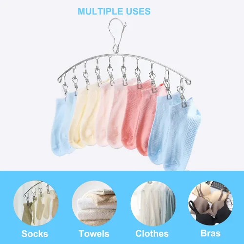 Miniatura 9 de Percha de ropa con 10 clips, estante de secado de ropa, paquete de 6 perchas de acero inoxidable para calcetines y colgador, organizador magnético
