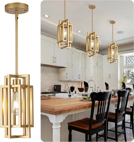 Lámparas colgantes de granja, modernas luces colgantes doradas de 59 pulgadas, ajustable, pequeña, cuadrada, colgante de techo, para cocina, isla, 1