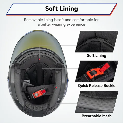Miniatura 6 de Casco de motocicleta de cara abierta 3/4 para adultos, hombres y mujeres, aprobado por DOT, casco de carreras de bicicleta de calle, casco