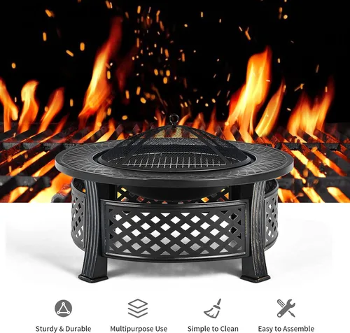 Miniatura 8 de Giantex Pozo de fuego 3 en 1, hoguera de leña al aire libre de 32 pulgadas, estufa redonda multifuncional, cuenco de metal con tapa, hoguera