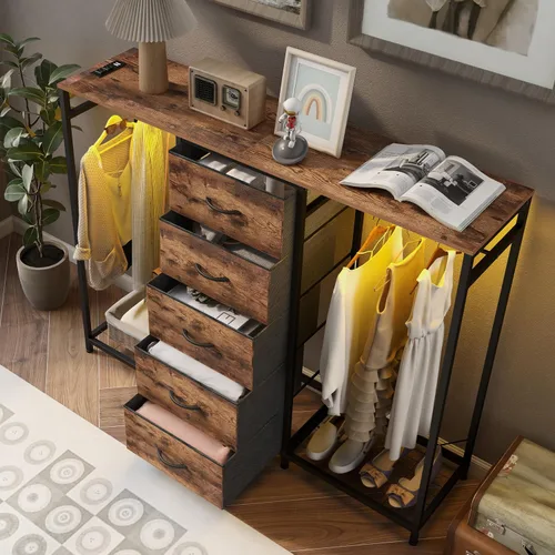 Miniatura 5 de Espelism Cómoda para dormitorio con perchero, cómoda de 5 cajones con estación de carga, luces LED, cómoda blanca, estante flexible y espacio