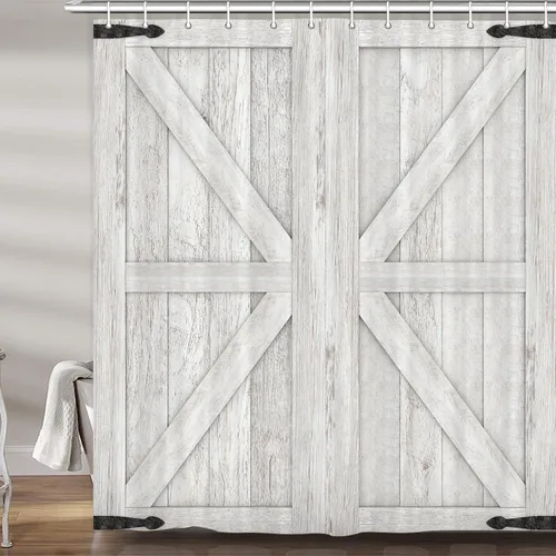 Miniatura 22 de Cortina de ducha de puerta de granero de madera rústica, 60 x 70 pulgadas, beige