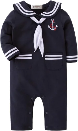 Miniatura 2 de StylesILove - Mameluco de algodón marinero marino con sombrero y corbata 3 piezas