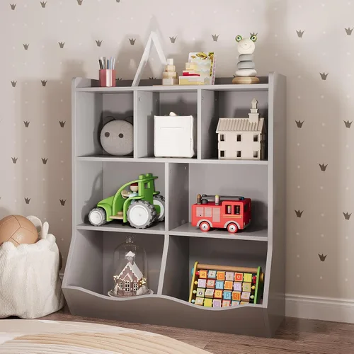 Miniatura 8 de Estantería infantil de tres niveles y organizador de almacenamiento de juguetes, estantería multifuncional con 5 cubos abiertos y 2 cajas inclinadas