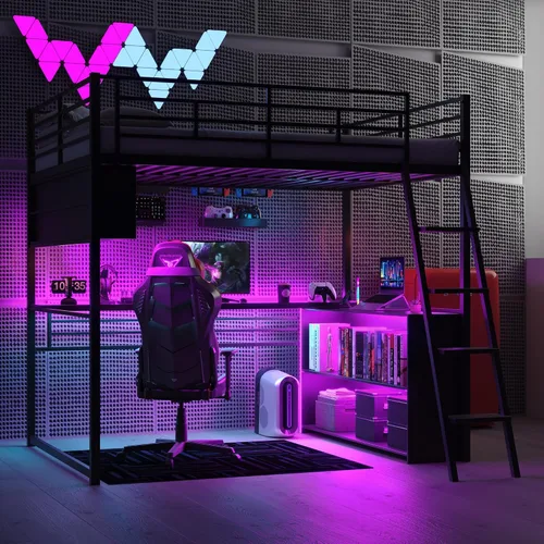 P PURLOVE Cama tipo loft de tamaño matrimonial con escritorio para niños, cama alta de metal con LED y 4 estantes de almacenamiento, marco de cama