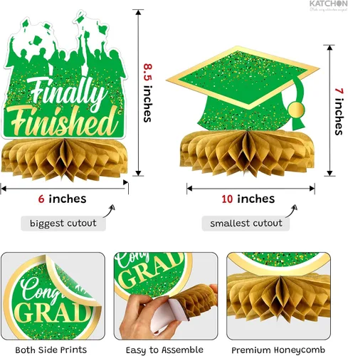 Miniatura 6 de Decoraciones de graduación 2026, centros de mesa de graduación verdes y dorados para mesas 2026 – Paquete de 9 Decoraciones de nido de abeja