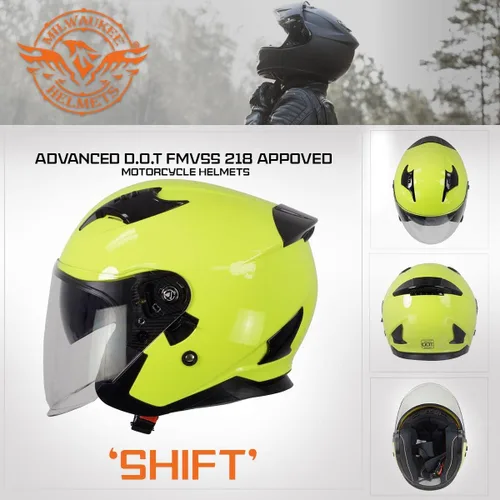 Miniatura 6 de Milwaukee Helmets MPH9823DOT 'Shift' - Casco de cara abierta 3/4 amarillo neón para hombres y mujeres con visera tintada desplegable