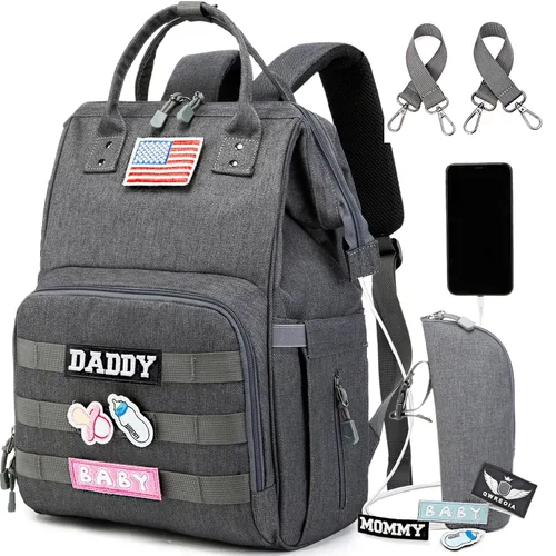 Miniatura 10 de Mochila para pañales con puerto de carga USB, correas para cochecito y bolsillo aislado, mochila militar del ejército de viaje para papá/mamá negro