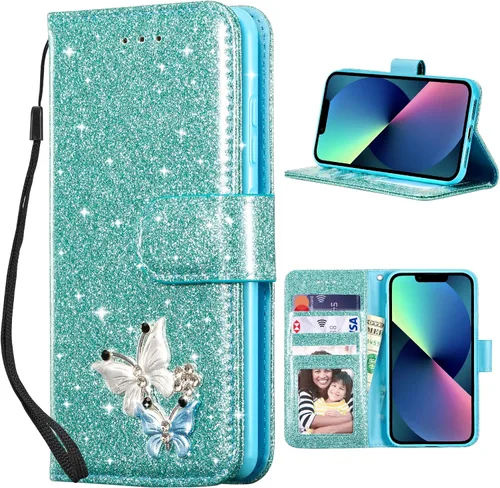 Miniatura 19 de UEEBAI Funda tipo cartera para iPhone 11, funda de piel sintética con purpurina para teléfono, ranuras para tarjetas, funda con función atril