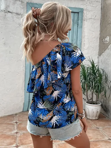 Miniatura 2 de WDIRARA Blusa sin mangas con estampado tropical de un hombro y volantes para mujer