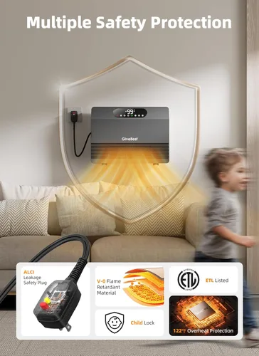 Miniatura 5 de GiveBest Calentador de pared inteligente, calentador de espacio de calentamiento rápido de 1500 W para dormitorio, calentador eléctrico con Gris
