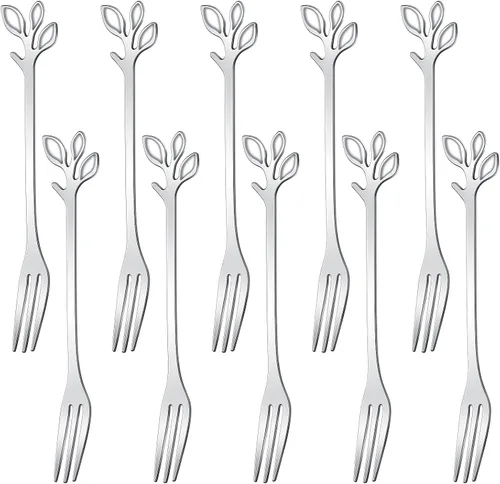 Miniatura 9 de AnSaw Juego de 10 Tenedores de Postre Mini Hoja Dorados - 4.7" Elegantes Tenedores de Acero Inoxidable para Frutas, Aperitivos, Pasteles y Ensaladas