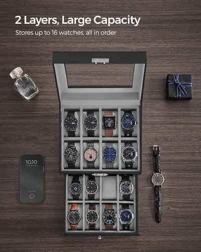Miniatura 4 de SONGMICS Caja de reloj de 16 ranuras, caja de reloj con tapa de vidrio, 2 capas, vitrina de reloj con cerradura, cuero sintético negro, forro gris