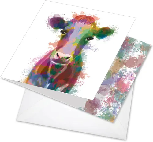 The Best Card Company - Dulce tarjeta de agradecimiento con sobre, colorido animal impreso gratitud saludo - Cow Funky Rainbow Wildlife CQ4948ETYG