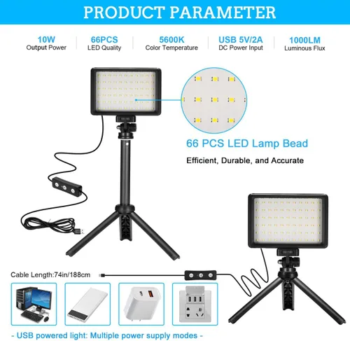 Miniatura 3 de Paquete de 2 luces LED de video, luces de fotos USB regulables de 5600 K con mini trípode y filtros de colores para estudios fotográficos, tiro
