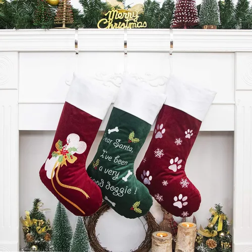 Miniatura 5 de GEX Medias de Navidad para perro, gato o mascota, de 22 pulgadas, forro acolchado grande, bordado, de lujo, encantador, terciopelo, adornos