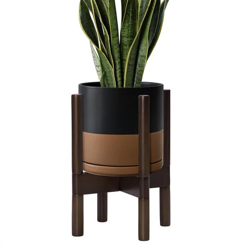 Miniatura 90 de D'vine Dev Maceta de cerámica con soporte de ébano – Maceta redonda moderna de 8 pulgadas con soporte para maceta de madera, color negro, 55-B-M-2
