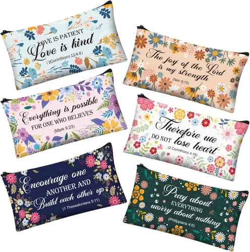 Miniatura 8 de Zonon Juego de 6 bolsas de maquillaje de lona de Navidad, pequeñas bolsas de cosméticos con cremallera portátil, bonita bolsa de estilo cuadros