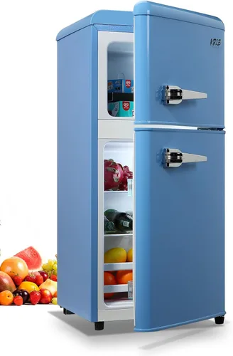 KRIB BLING Mini refrigerador compacto, refrigerador pequeño, termostato ajustable de 7 niveles, estantes extraíbles con acero inoxidable, 2 puertas,