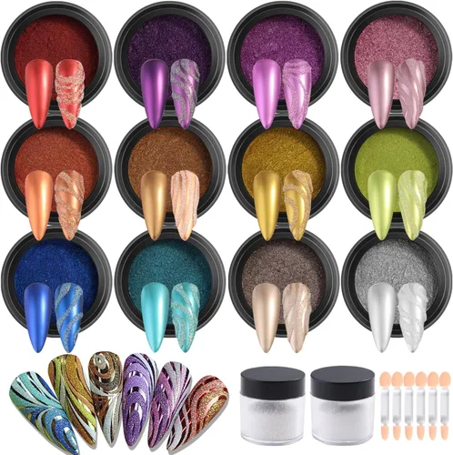 Miniatura 16 de Juego de polvos de uñas cromados, 14 colores, rosa, azul, plateado, efecto metálico, polvo de espejo para uñas con pinceles, pigmento holográfico
