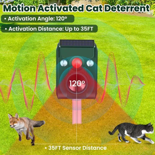 Miniatura 2 de Repelente de gatos para exteriores, paquete de 2 unidades, repelente solar de animales ultrasónico con sensor de movimiento y luz intermitente