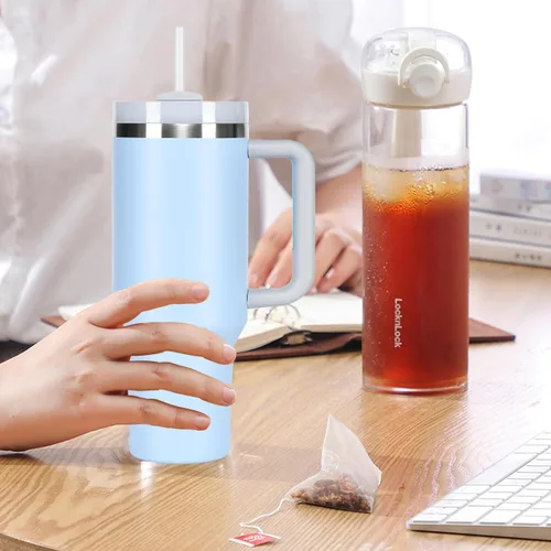 Miniatura 6 de Vaso de 40 onzas con asa, popote, tapa, botella de agua de acero inoxidable aislada al vacío, taza de viaje de aventura para café helado, té