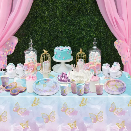 Miniatura 7 de 166 decoraciones de cumpleaños de mariposa, incluye platos de papel de mariposa, servilletas, vasos, mantel y pajitas para decoraciones