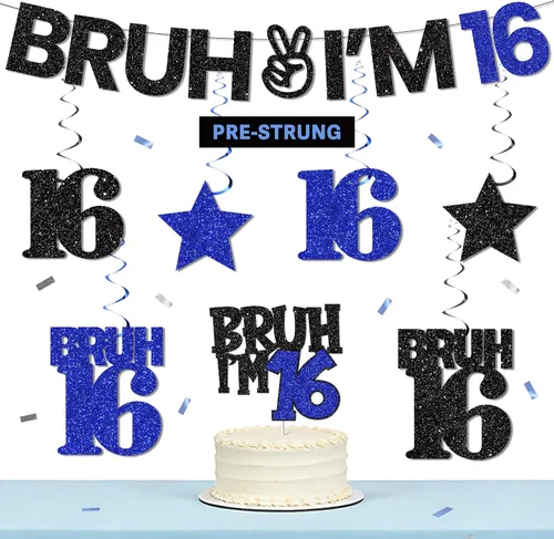 Bruh I'm 16 - Decoraciones de cumpleaños para niños, kit de decoración de fiesta de dulces 16 con pancarta pre-encordada, remolinos colgantes y 16