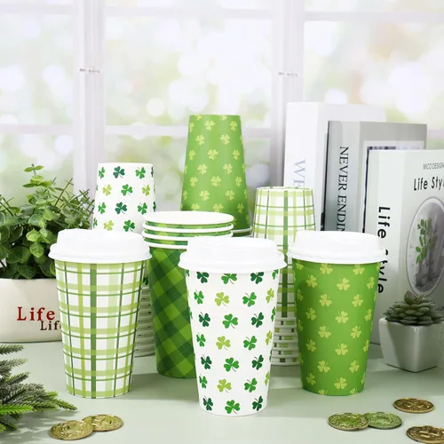Miniatura 4 de Whaline Juego de 100 tazas de café desechables del día de San Patricio con tapas, taza de papel, verde y blanco, trébol a cuadros, tazas para beber