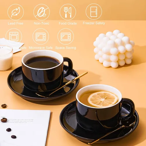 Miniatura 4 de Juego de 4 tazas de capuchino de 8 onzas, tazas de té con platillos y cucharas, tazas de té de cerámica negra, tazas de café para té, capuchino