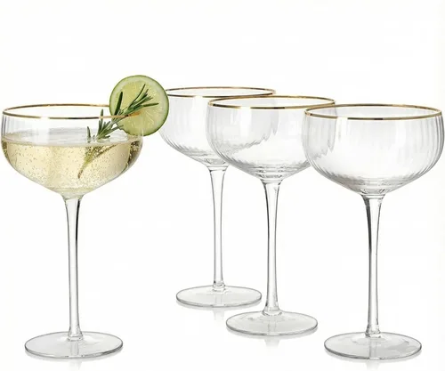 Gold Rim Coupé - Juego de 4 vasos clásicos de Manhattan de 11 onzas, Martini, cócteles, champán, vino y agua, coupés con borde dorado, tallo de