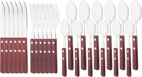 Miniatura 8 de Juego de cubiertos de 24 piezas con mango de madera, juego de cubiertos de acero inoxidable 304 para el hogar, cocina, restaurante, juego de vajilla