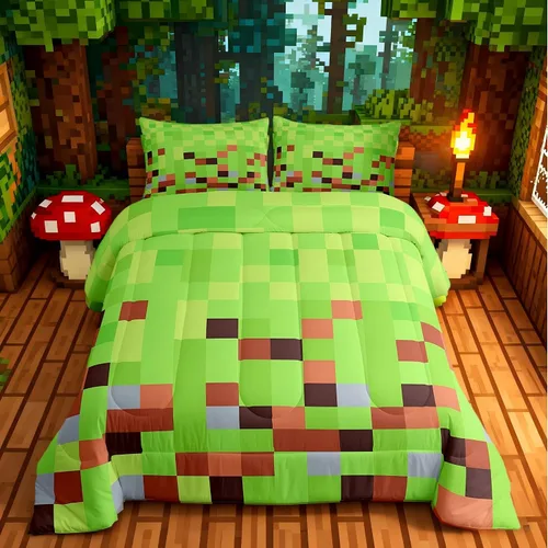Miniatura 12 de Pixelated Miners - Juego de edredón para niños, tamaño individual, juego de ropa de cama de videojuegos a cuadros geométricos para adolescentes