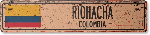 RIOHACHA - Letrero de calle de plástico vintage de Colombia, bandera colombiana, ciudad, campo, camino, pared, para interiores y exteriores, 18