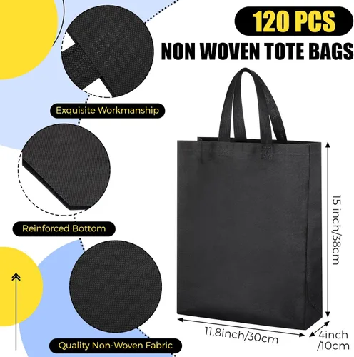 Miniatura 3 de Silkfly 120 bolsas de mano no tejidas a granel de 11.8 x 4 x 15 pulgadas, bolsas de regalo grandes reutilizables de tela con asas (negro)