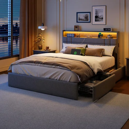 Miniatura 12 de Forestell Base de cama Queen con 4 cajones y cabecera de almacenamiento, base de cama tapizada gris tamaño Queen con estación de carga y luces LED