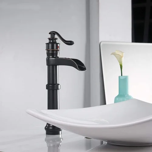 Miniatura 2 de Bathfiness - Grifos de baño de bronce aceitado cascada para fregadero de baño, 1 agujero, mango único con líneas de suministro de tapón de drenaje