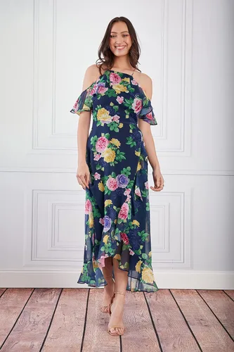 Miniatura 7 de London Times Vestido largo con hombros descubiertos y cuello halter para mujer, con volantes femeninos, ocasión para invitada de fiesta en el jardín
