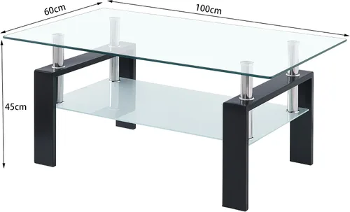 Miniatura 2 de Mesa de centro moderna de vidrio templado transparente, mesa auxiliar rectangular de 2 niveles con estante de almacenamiento inferior, patas de Negro