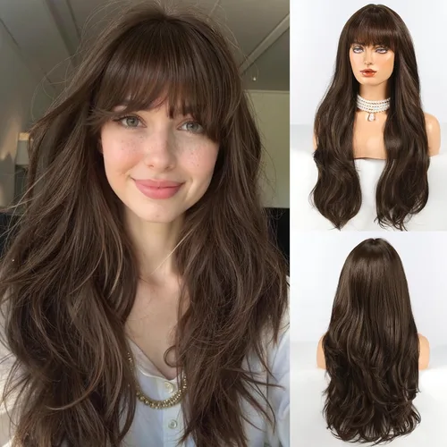 Miniatura 15 de HAIRCUBE Peluca larga rubia mezclada con marrón con flequillo, pelucas rizadas en capas para mujeres, pelucas sintéticas naturales para uso diario