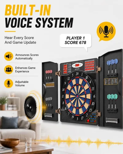 Miniatura 3 de WIN.MAX Electronic Dart Board, Soft Tip Dartboard Cabinet Set for Adults, LED Scoring Dartboard with 38 Games & 211 Variants, Up to 16 Players, 12