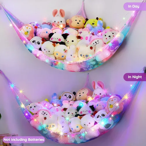 Miniatura 7 de Unicorn Castle Hamaca de red para animales de peluche, almacenamiento de juguetes para niños con luz LED, organizador de juguetes de felpa