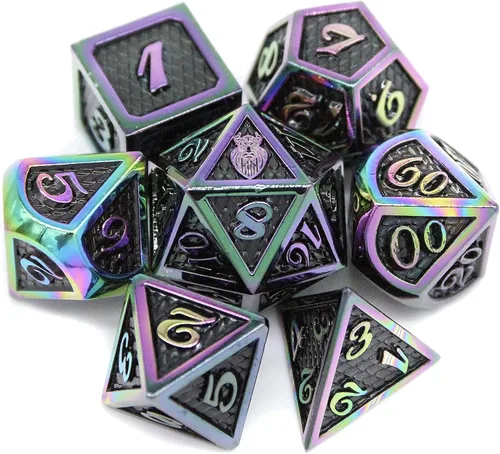 Miniatura 7 de HEIMDALLR Juego de dados DND de metal, 7 piezas, diseño de piel de dragón, tamaño de 0.630 in, logotipo en D20; juego de dados de metal y caja
