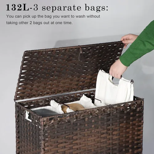 Miniatura 3 de Cesta de lavandería con 3 bolsas extraíbles con forro extraíble, cesta de lavandería de ratán tejida a mano de 132 litros con pies elevados