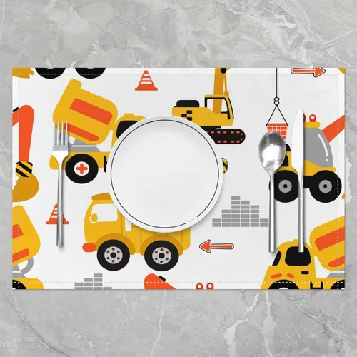 Miniatura 2 de jejeloiu Juego de 4 manteles individuales de construcción, manteles individuales de mesa de camiones con diseño de dibujos animados, excavadora