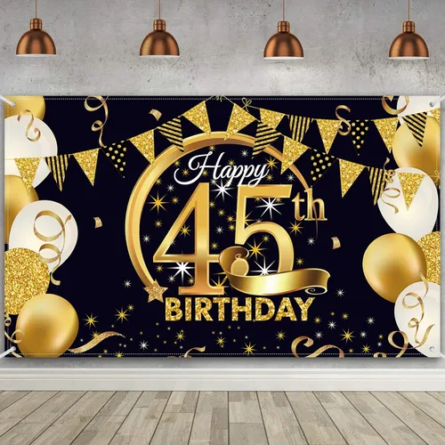 Miniatura 19 de Decoración de fiesta de cumpleaños número 15, cartel póster de tela extra grande negro y dorado para telón de fondo de cabina de fotos